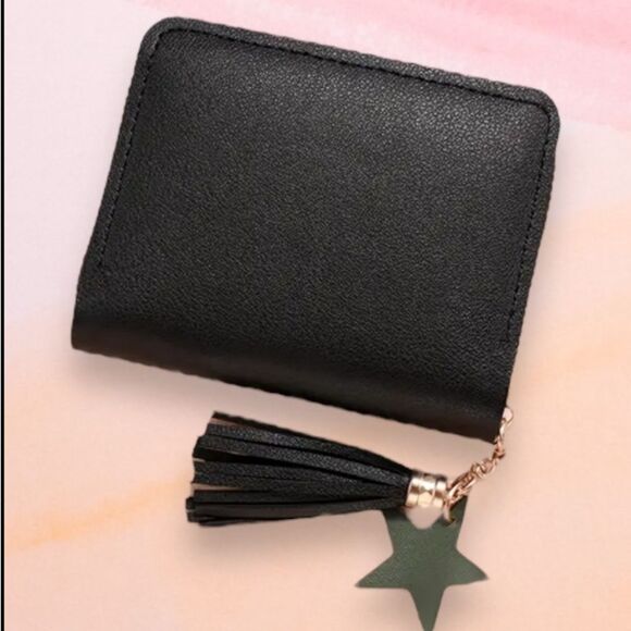 Cute Mini Tassel Wallet Pink Black Heart Card Holder Small Minimalist Convenient - Picture 2 of 3